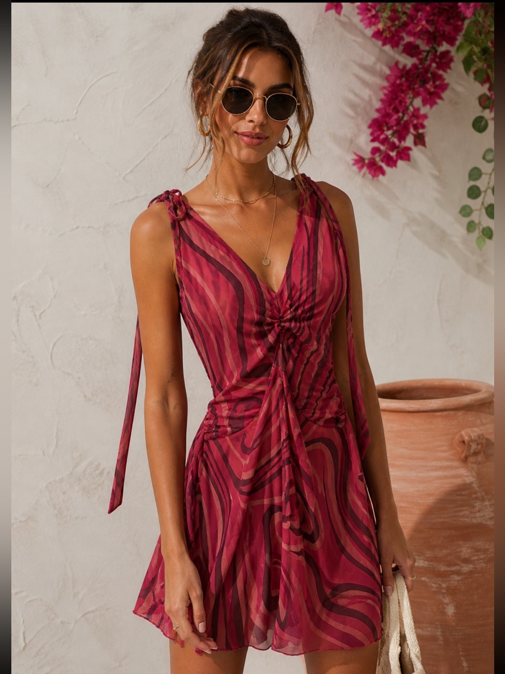 Cupshe Burgundy Pink Swirl Tie-Shoulder V-Neck Mini Dress